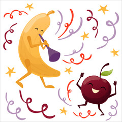 Vector illustration of dancing fruits. Fruits at party