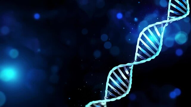 Close-up video of a DNA helix with a glowing blue bokeh background, shot from a side angle, emphasizing a futuristic and scientific concept. Live desktop wallpaper. - Powered by Adobe