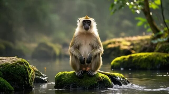 Portrait of langur monkey sitting on rock in misty forest with beautiful natural light, highly detailed photorealistic high-resolution cinematic composition ,video download