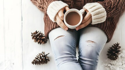 Winter Attire: A woman sitting in cozy winter clothes, legs crossed, holding a mug of hot chocolate, on a white background. 
