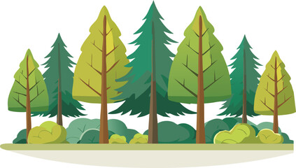 Cartoon forest landscape with evergreen and deciduous trees, bushes, and green foliage on white background for nature design