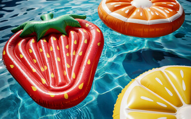 Summer vacation, travel tourism concept. Colorful inflatable floats in a turquoise rippling water. Red, yellow and orange colors. Selective focus.