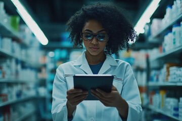 Female pharmacist reviews medication information using digital tablet in modern pharmacy setting, female pharmacist using a digital tablet to check the goods