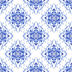 Blue floral damask Victorian-style seamless pattern with decorative floral ornament. Vector illustration. Portuguese tiles, Spanish pottery. Mediterranean style. 
