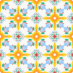 Yellow and blue seamless pattern illustration in traditional style. Portuguese tiles. Elegant luxury Victorian texture for wallpapers, backgrounds, and page fill. Baroque style.