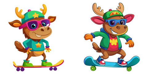 Obraz premium A vibrant, detailed, and funny cartoon Moose wearing sunglasses on a skateboard, 3D rendered