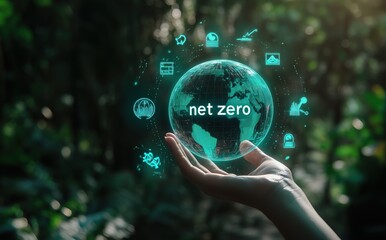 A hand holding a globe with the words "net zero" on it, surrounded by icons representing green energy and environmental protection