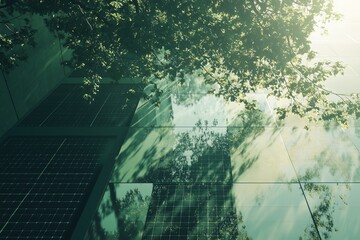A green building with solar panels and trees, bathed in sunlight, captured in a double exposure photograph