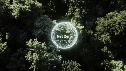 A white circular hologram with the text "Net Zero" floating above a lush green forest