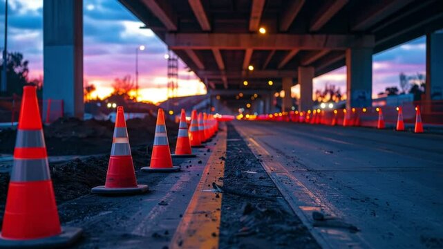 Orange And Red Cones On Road Under An Underpass At Sunset