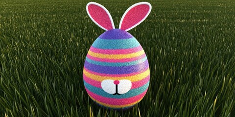 A colorful striped Easter egg with bunny ears sits in a field of green grass