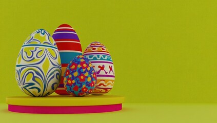 Colorful Easter eggs on a yellow platform against a green background