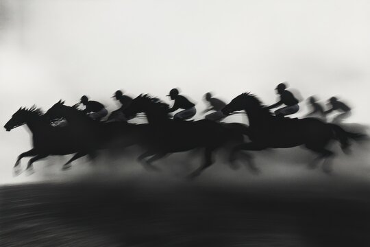 Silhouettes of horses and jockeys in a race