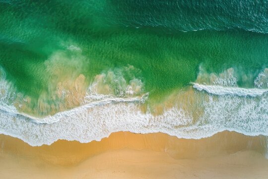 High-angle view of a beach's turquoise and emerald green water meeting a light beige sand shore. Foamy waves cresting and receding
