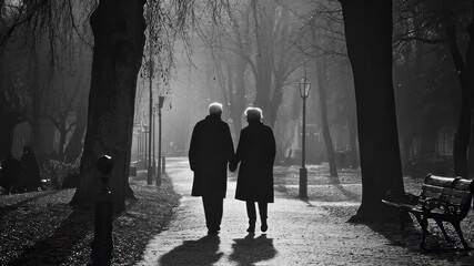 Elderly couple walking hand in hand through a misty park in autumn day - Powered by Adobe
