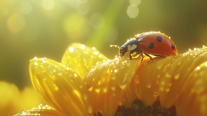 夏のひまわりとテントウムシ
