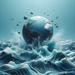 Obraz premium Levitating earth model over moving water surface with climate impact theme and blank area for environmental message