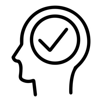 A head contains a check icon (outline style). Represents the mental validation, approval, or successful processing of an idea, thought, or task within the mind. Visually signifies a state of cognitive