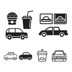 Naklejka premium Fast Food Drive-Thru Icons Car, Burger, Drink, and Restaurant Symbols