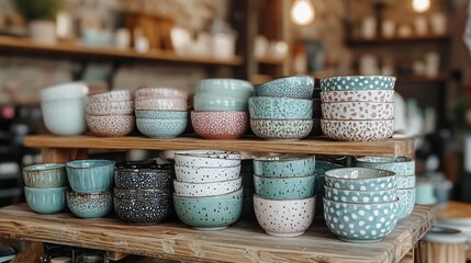 Stacked ceramic bowls in various colors and patterns on wooden shelves
