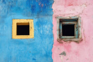 Vibrant, colorful wall section with two small windows