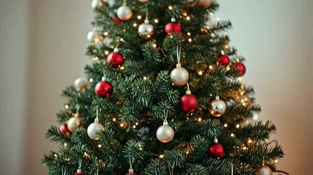 Christmas tree decorated with ornaments and string lights with presents around