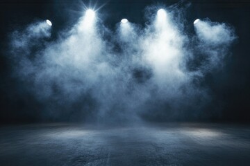 Five spotlights illuminate a smoky, dark stage with a textured concrete floor, creating a dramatic, mysterious atmosphere