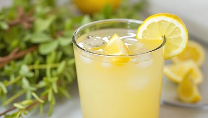 Refreshing Lemonade with Ice Cubes in Glass, Garnished with Lemon Slice, on Bright Table, Ideal for Summer Advertising and Refreshments, Close Up