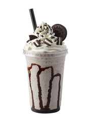 Delicious cookies milkshake with whipped cream, chocolate syrup, and Oreo cookie pieces in a clear cup isolated on transparent white background