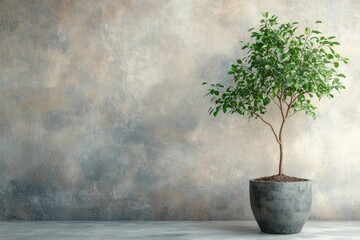 A small, green houseplant in a gray pot against a textured wall