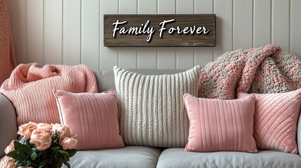Embracing the cozy comfort of home with Family Forever sign soft pillows and rose accents in warm