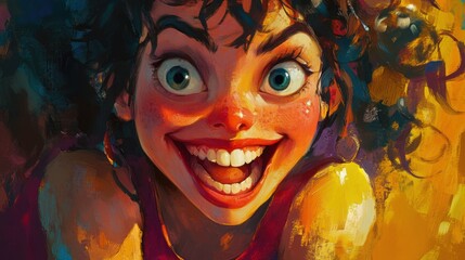 Exaggerated Joy: A Cartoon Woman's Wide-Eyed, Toothy Grin in Vivid Colors