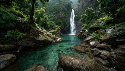 Lush Greenery Framing Serene Waterfall Cascade into a Teal Natural Pool