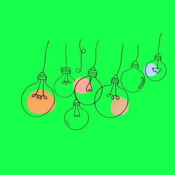 Colorful hanging light bulbs animation, transparent 4K video, green screen