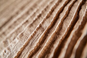 Close-up of a pleated fabric with a textured surface, showing a series of parallel ridges and a light brown hue