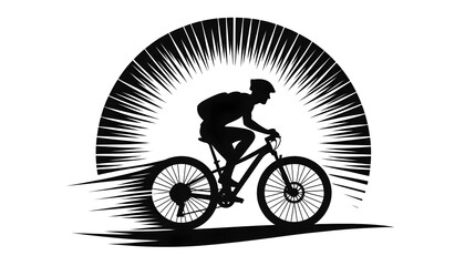 Fototapeta premium Monochrome flat vector illustration showing cyclist in dynamic pose with blank area for text on white background