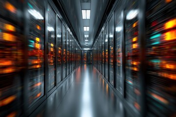 Fototapeta premium Futuristic data center hallway with blurred light effects and server racks.