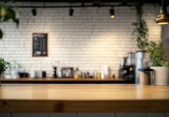 Light-wood counter top in a trendy cafe, blurred background shows exposed brick wall, coffee equipment, and greenery