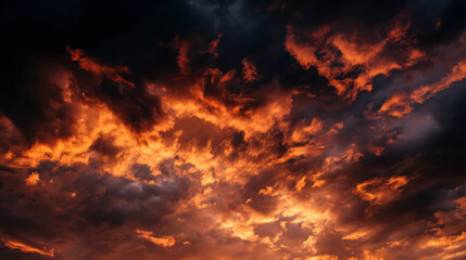 Fototapeta premium Intense dark clouds ablaze with fiery orange and red hues during a dramatic sunset, creating a powerful and captivating sky landscape.