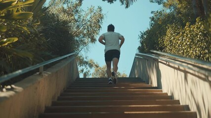 Man running up outdoor stairs for fitness training on a sunny day