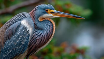 Fototapeta premium Striking portrait of a tricolored heron with vibrant plumage in natural setting