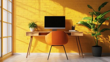 Sunny workspace with a yellow brick wall