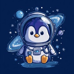 Playful Penguin Astronaut Mascot in Oversized Helmet Surrounded by Cartoon Stars and Tiny Planet in Navy and Ice Blue Tones