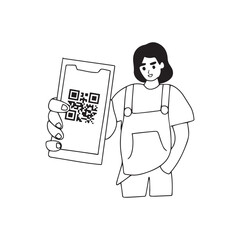 illustration of hand holding cellphone to scan qris online payment. Simple flat design illustration of a hand using a smartphone to scan a QR code for payment, ideal for e-commerce, fintech, and mobil