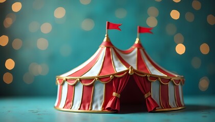 A circus tent with red and white stripes and two red flags on top, set against a teal background with bokeh lights