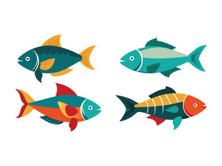 Fototapeta premium Collection of four colorful cartoon fish illustrations 