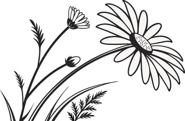 Daisy Flower Illustration Design. Elegant Daisy Bloom Line Art. Botanical Daisy Flower Outline. Hand Drawn Daisy Floral Design. Minimal Daisy Flower Drawing