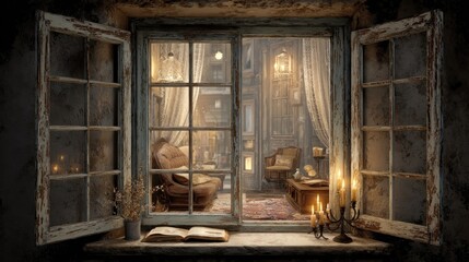 Rustic, dimly lit interior view through an aged window
