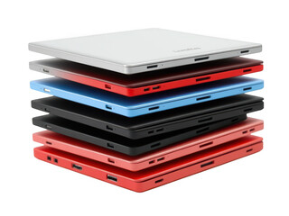 Stack of lenovo laptops isolated on transparent background