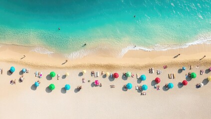 High-angle view of a crowded beach with colorful umbrellas and sunbathers